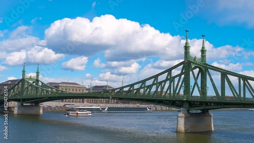 Freedom Bridge in Budapest. View of the Liberty Bridge and the tram going over it.