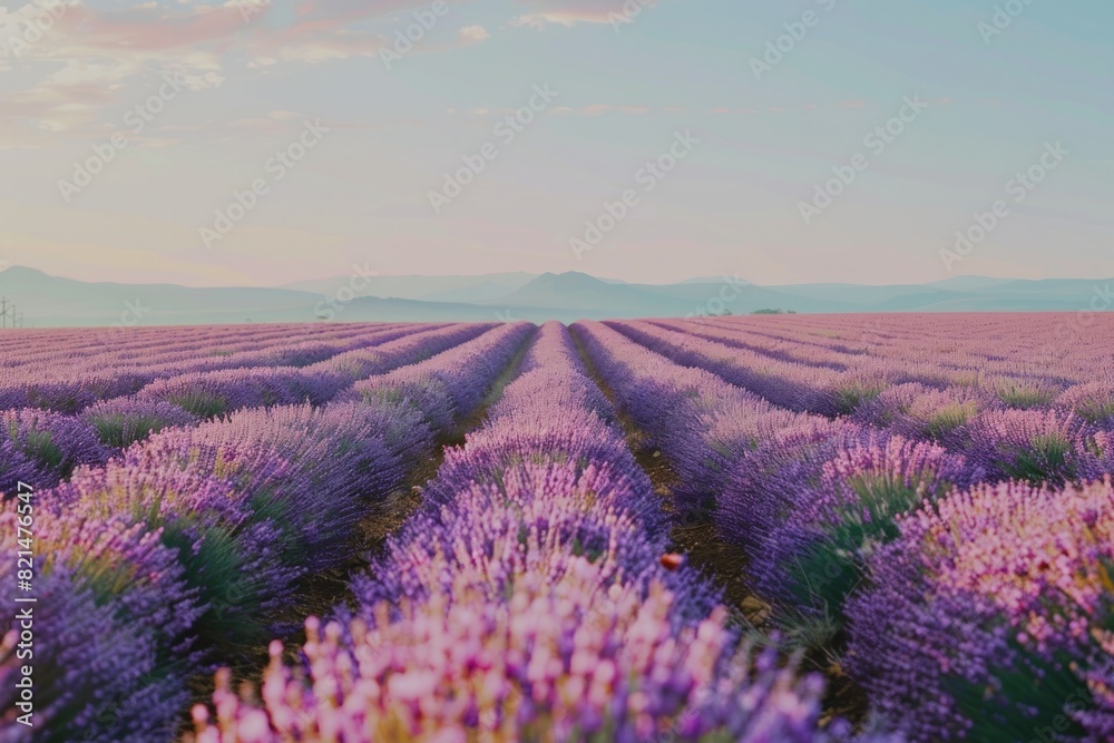 A field of lavender with a blue sky in the background. The field is very large and stretches out for miles