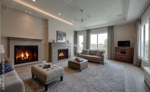 Modern professional photograph of a navy blue and silver luxury living room interior with floor-to-ceiling windows and a cozy fireplace