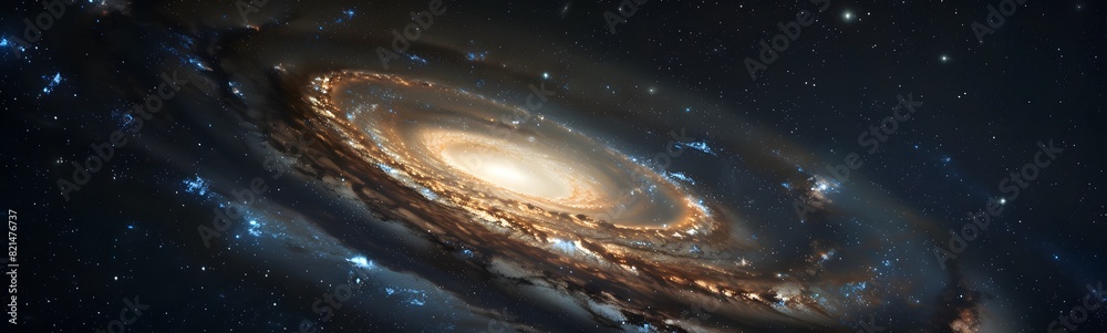 Fototapeta premium Space background with spiral galaxy, planet, and stars