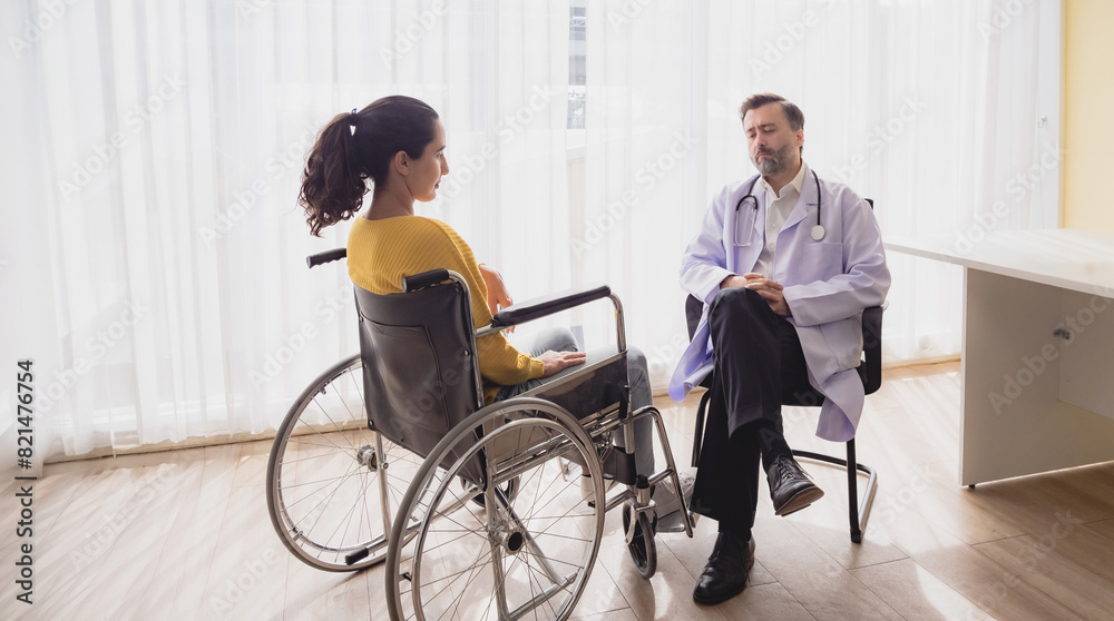 Portrait health care latin american woman sick sit wheelchair with man doctor caucasian two people check and treat patients talk help support explain medicine sick person inside hospital clinic room Portrait health care latin american woman sick sit wheelchair with man doctor caucasian two people check and treat patients talk help support explain medicine sick person inside hospital clinic room
