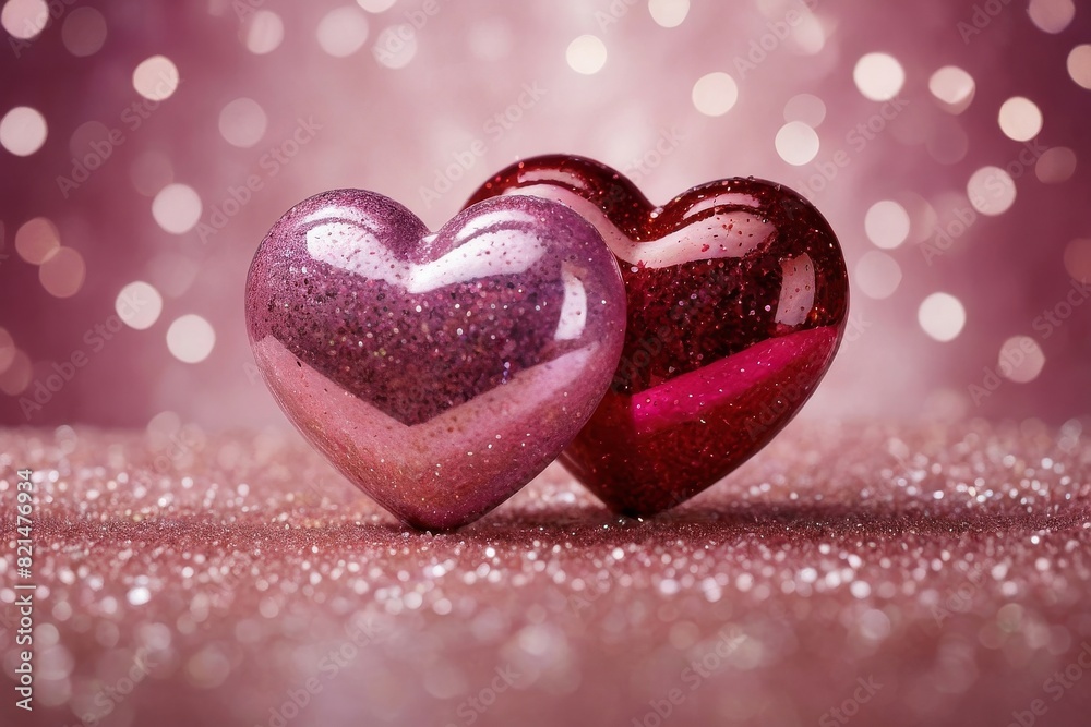 Two hearts on a shiny pink background