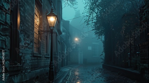 A dark alleyway with a street lamp and a sign. The street is wet and the sky is cloudy