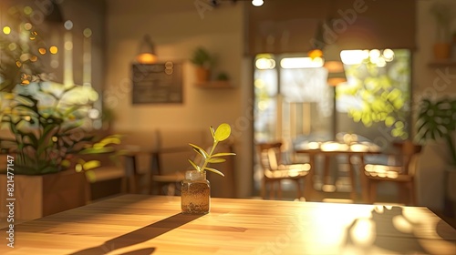 A vase with a plant in it sits on a table in a restaurant. The table is surrounded by chairs and potted plants. The scene is bright and inviting, with sunlight streaming in through the windows © At My Hat