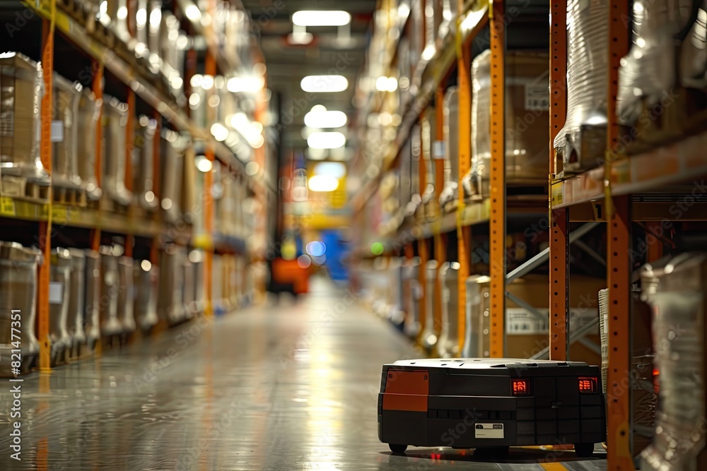 A robot is in a warehouse with many boxes. The robot is black and orange. The warehouse is very large and has many shelves A robot is in a warehouse with many boxes. The robot is black and orange. The warehouse is very large and has many shelves