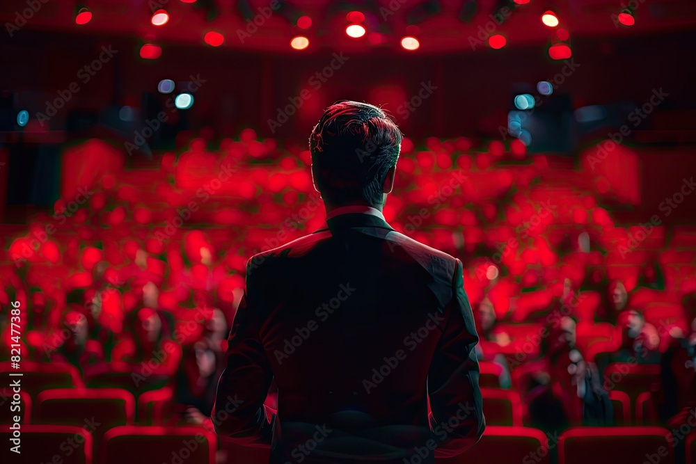 A man stands in front of a crowd of people in a red theater. He is dressed in a suit and tie, and the audience is watching him intently. The atmosphere is tense and serious A man stands in front of a crowd of people in a red theater. He is dressed in a suit and tie, and the audience is watching him intently. The atmosphere is tense and serious