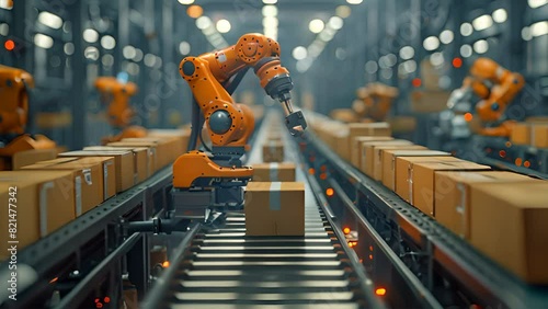 Control unit directs robotic arms in a logistics setting, orchestrating product placement on conveyor belts.generative ai