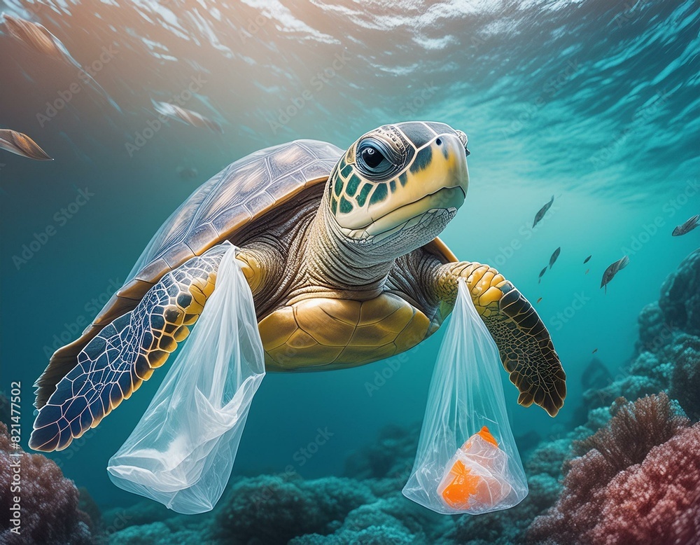 Fototapeta premium Environmental issue of plastic pollution problem. Sea Turtles can eat plastic bags mistaking them for jellyfish Sea turtle trapped in a plastic bag, Stop ocean plastic pollution concept
