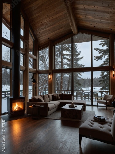 A double-height ceiling living room with a large  floor-to-ceiling window on one side log cabin