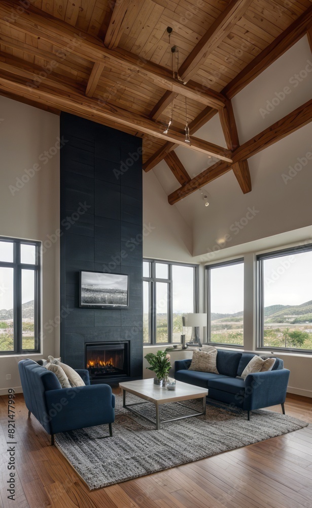 Modern professional photograph of a navy blue and silver luxury living room interior with floor-to-ceiling windows and a cozy fireplace Modern professional photograph of a navy blue and silver luxury living room interior with floor-to-ceiling windows and a cozy fireplace