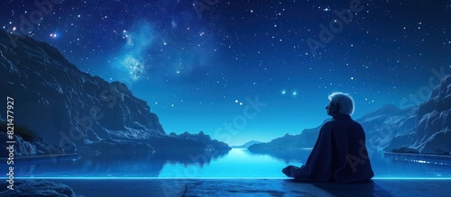 Tranquil Solitude An Elderly Lady Finds Peace in a Futuristic NeonLit Pool Under the Starry Night Sky