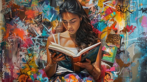 Woman reading a book in a colorful urban environment for modern art or design projects