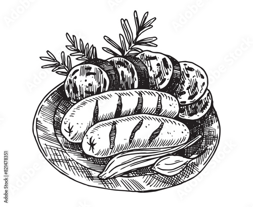 fried meat sausages. platter of snacks with beer. vintage drawing in sketch style.