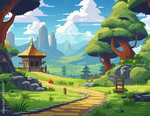Flat pixel art game background illustration.