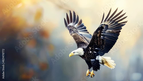 Bald eagle in flight with wings spread against blurred background photo