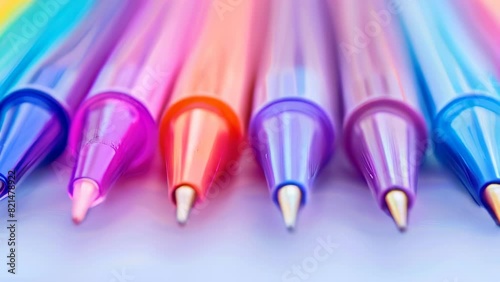 Colorful close-up of pens with selective focus on blue, pink, and orange tips photo