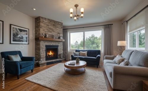 Modern professional photograph of a navy blue and silver luxury living room interior with floor-to-ceiling windows and a cozy fireplace