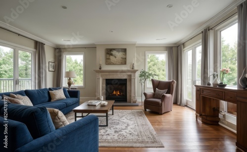 Modern professional photograph of a navy blue and silver luxury living room interior with floor-to-ceiling windows and a cozy fireplace