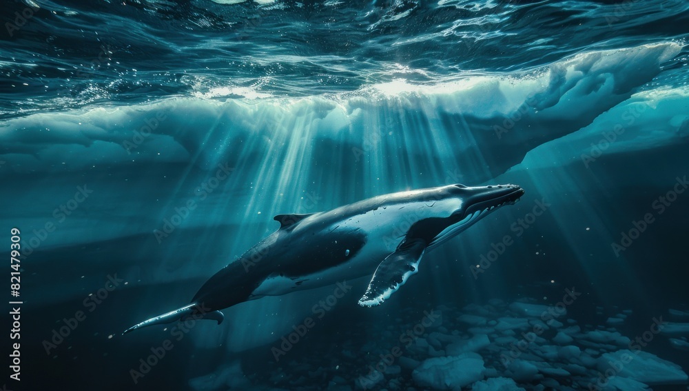 Naklejka premium a realistic photo of A minke whale swimming in the icy waters near Greenland