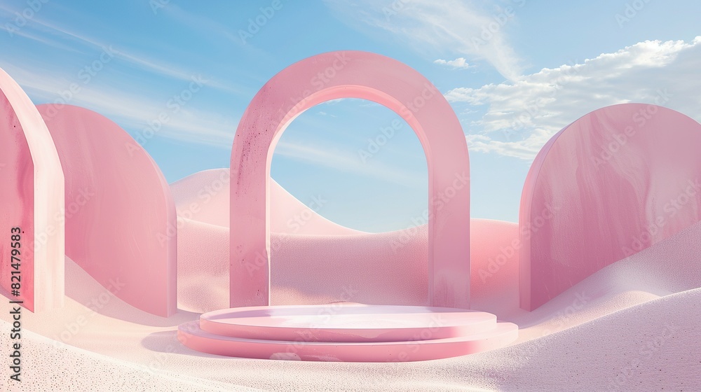 Surreal Pastel Landscape: 3D Render with Arches, Podium, and Minimalist Design Surreal Pastel Landscape: 3D Render with Arches, Podium, and Minimalist Design