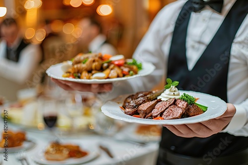 Waiter carrying plates with meat dish on some festive event, party or wedding reception restaurant