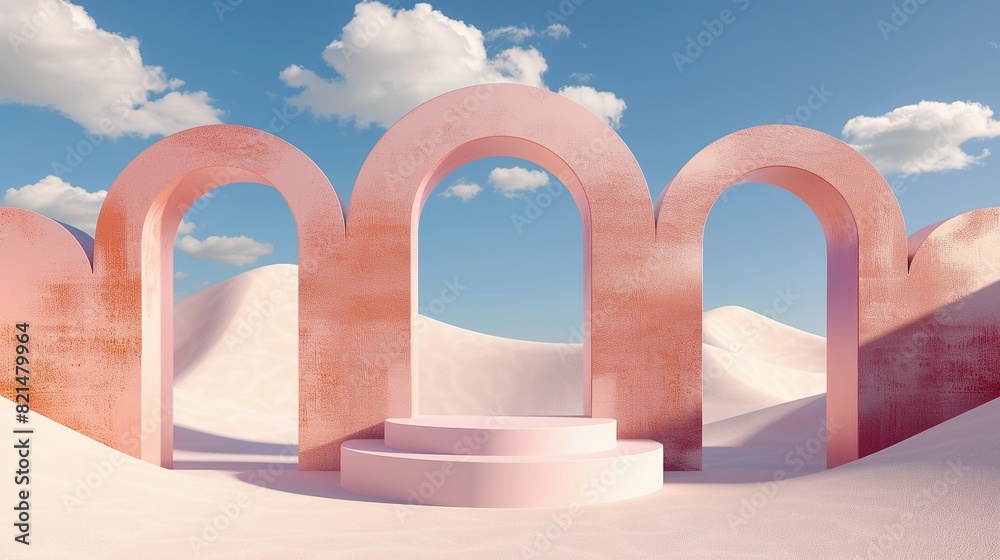 Pastel Landscape 3D Render: Arches, Podium, Blue Sky, and Cloudy View Pastel Landscape 3D Render: Arches, Podium, Blue Sky, and Cloudy View
