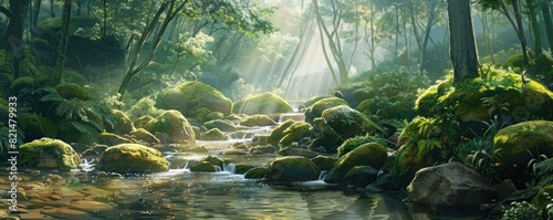 A lush green forest with a river running through it. The water is calm and clear  and the trees are tall and dense. Scene is peaceful and serene  with the natural beauty of the forest