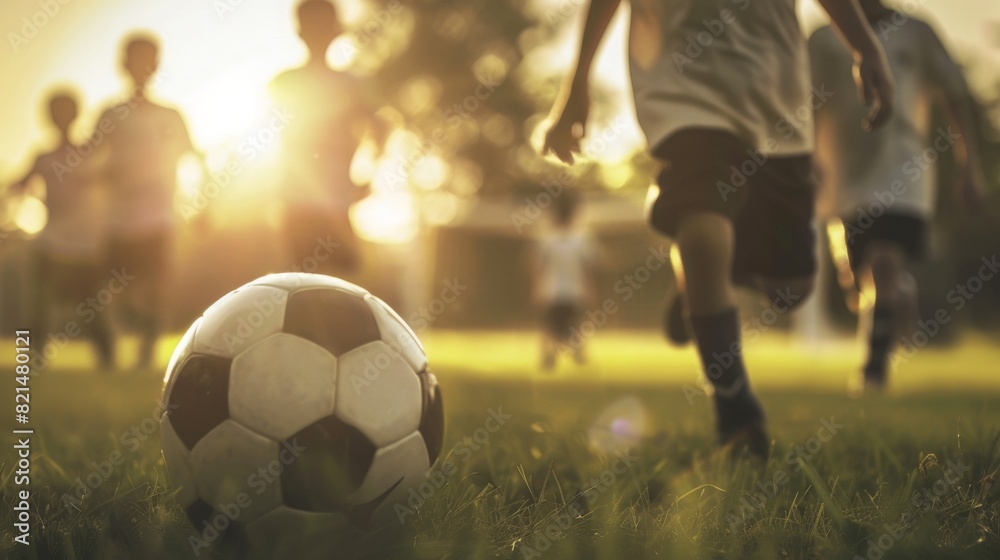 Group of young children players match on soccer field. Kids soccer football. Generative Ai