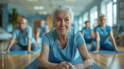 An elderly woman is prominently featured in a yoga class  emanating a sense of well-being and active aging