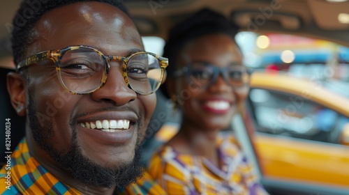 A cheerful couple wearing glasses is captured sharing a moment together in the backseat of a city cab photo