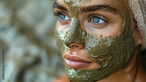 Close-up of a woman with a green facial clay mask  depicting a beauty and skincare regime