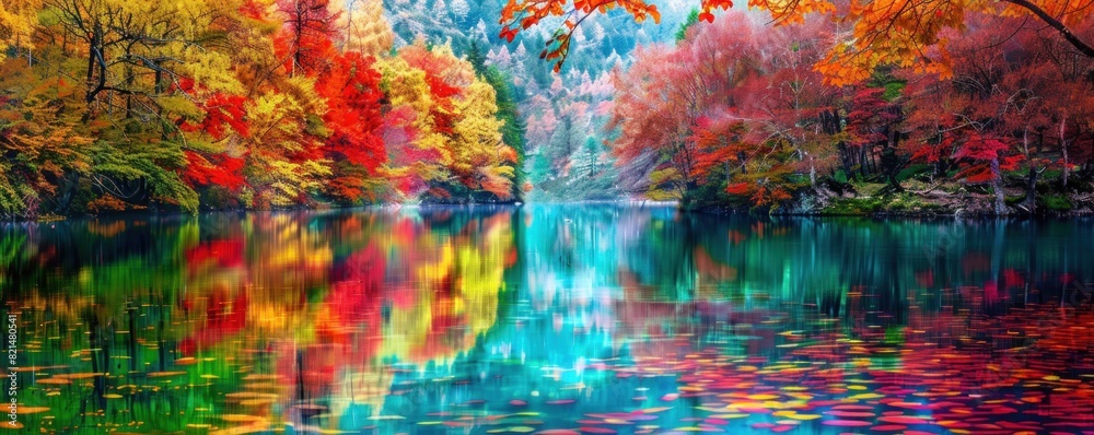 Obraz premium A beautiful lake with a forest in the background. The water is blue and the trees are red and yellow