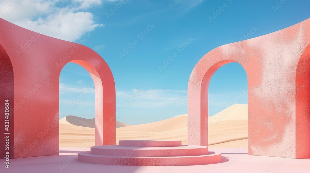 Naklejka premium Panoramic Pastel Landscape: 3D Render with Arches and Product Display Podium