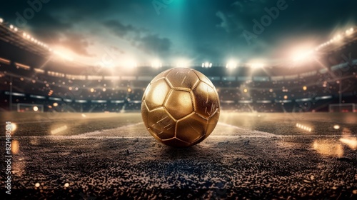 Il gioco del calcio, pallone d'oro da calcio al centro di uno stadio photo
