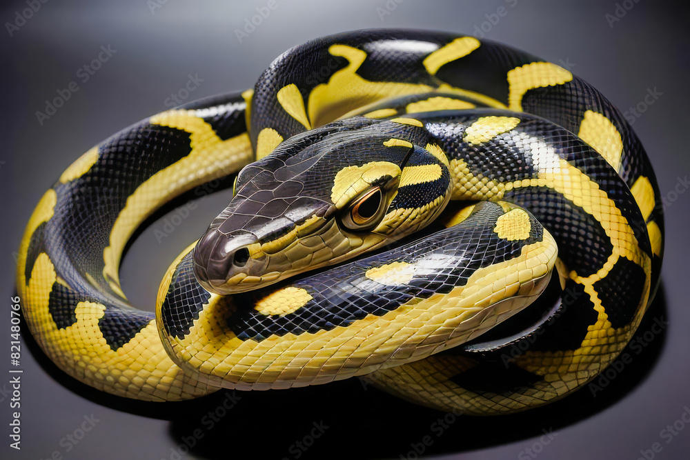 Fotografía profesional de una serpiente color amarillo y negro mirando a cámara Fotografía profesional de una serpiente color amarillo y negro mirando a cámara
