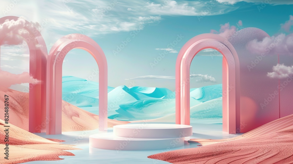 Minimalist Decor: 3D Render of Surreal Pastel Landscape with Product Podium Minimalist Decor: 3D Render of Surreal Pastel Landscape with Product Podium