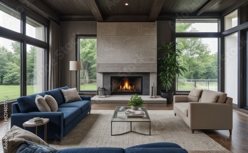 Modern professional photograph of a navy blue and silver luxury living room interior with floor-to-ceiling windows and a cozy fireplace