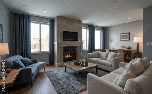 Modern professional photograph of a navy blue and silver luxury living room interior with floor-to-ceiling windows and a cozy fireplace