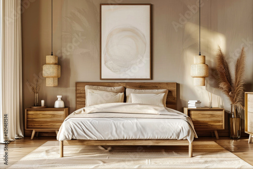 A modern bedroom with beige walls, a white rug and wooden furniture. A bed in the center, beige bedding on top. Two side tables beside it. Lamps hanging from the ceiling