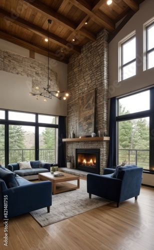 Modern professional photograph of a navy blue and silver luxury living room interior with floor-to-ceiling windows and a cozy fireplace © Rezhwan
