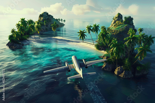 plane is seen flying around two islands with palm trees, in the style of vray, australian tonalism, kushan empire, eerily realistic, clean-lined, coastal views, hyper-realistic water