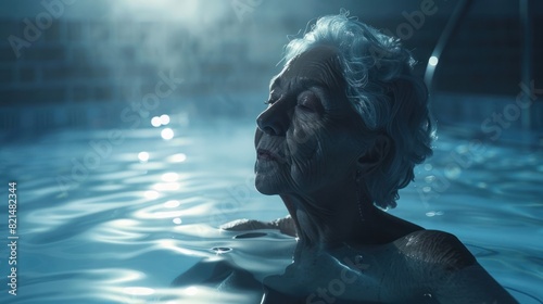 Tranquil Solitude An Elderly Woman Basks in the Soft Silver Light of a Moonlit Pool