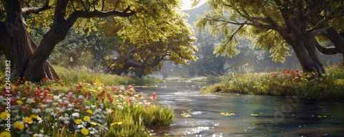 A serene scene of a river with a tree in the foreground. The water is calm and the grass is lush. Concept of peace and tranquility