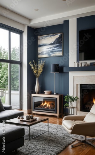 Modern professional photograph of a navy blue and silver luxury living room interior with floor-to-ceiling windows and a cozy fireplace