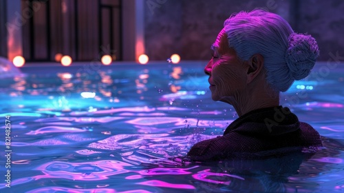 LED Water Jets Illuminating a Peaceful Pool Experience for a Senior Woman photo