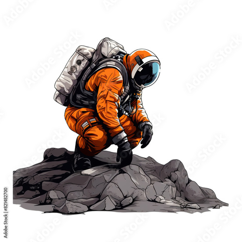 A realistic illustration of  A stronaut in orange spacesuit exploring alien planet. photo