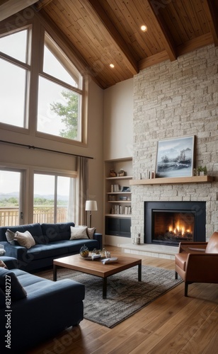 Modern professional photograph of a navy blue and silver luxury living room interior with floor-to-ceiling windows and a cozy fireplace