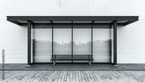 A mockup of an empty bus stop with large glass windows and a black bench