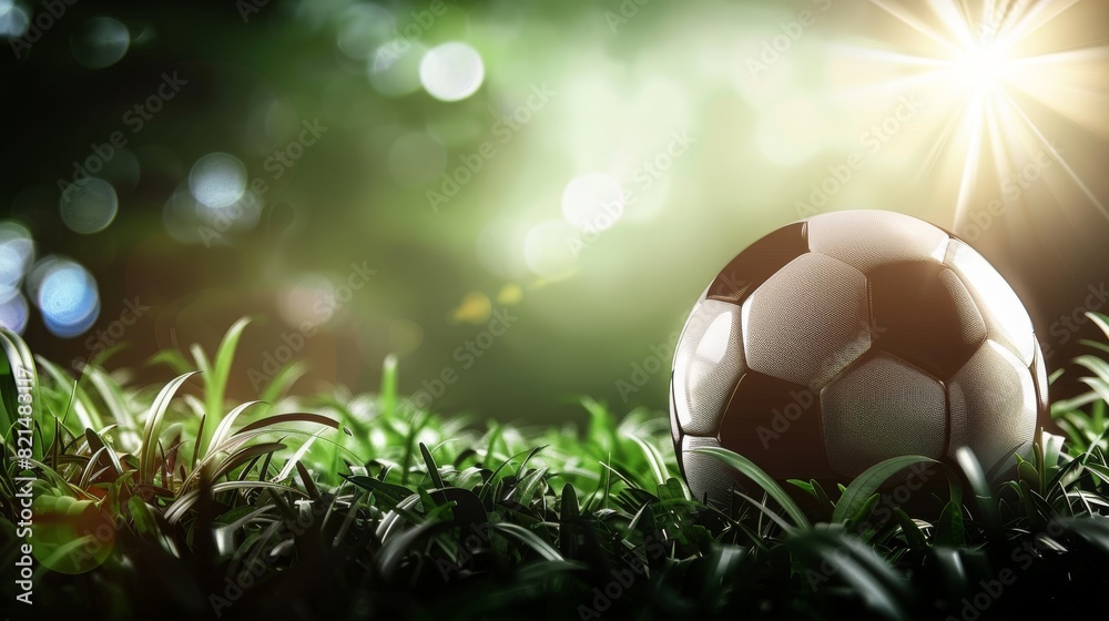 Fototapeta premium Soccer ball on green grass close up in the sunlight with copy space