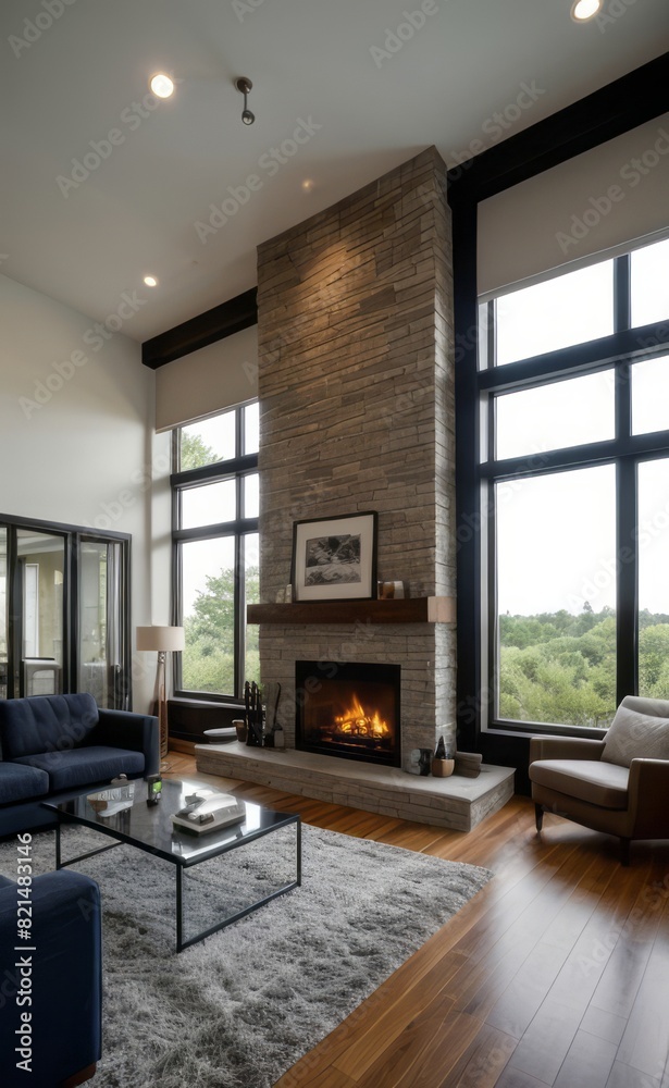 Modern professional photograph of a navy blue and silver luxury living room interior with floor-to-ceiling windows and a cozy fireplace Modern professional photograph of a navy blue and silver luxury living room interior with floor-to-ceiling windows and a cozy fireplace